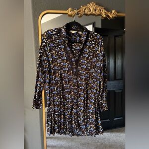 Anthropologie Long Sleeve Floral Dress in Black and Blue